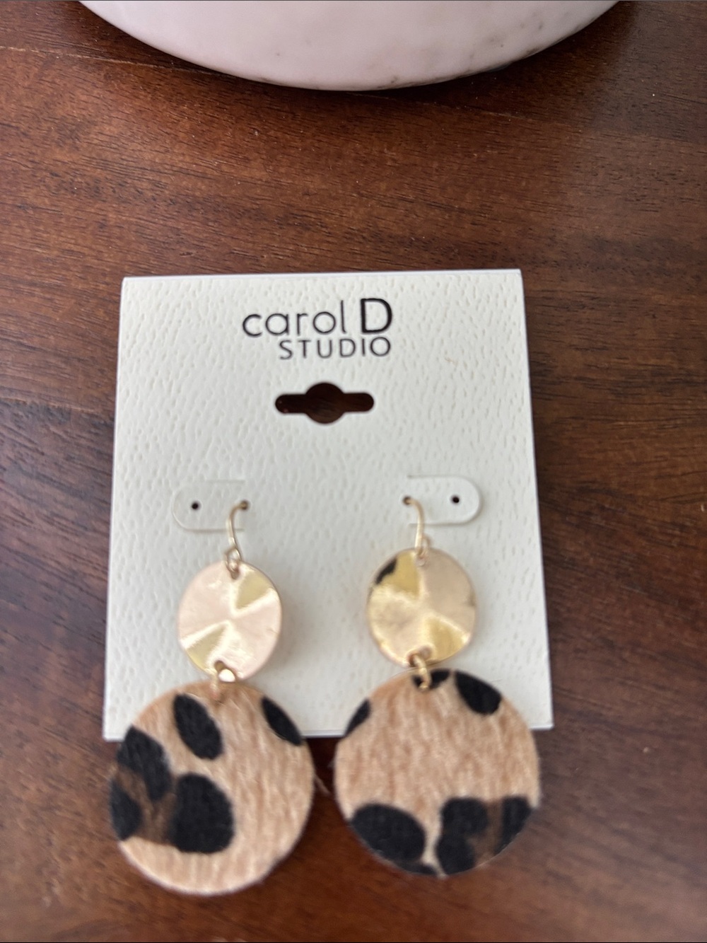 Carol D Studio Calf Hair Leopard print, goldtone circle,dangle,fishook - Picture 2 of 5